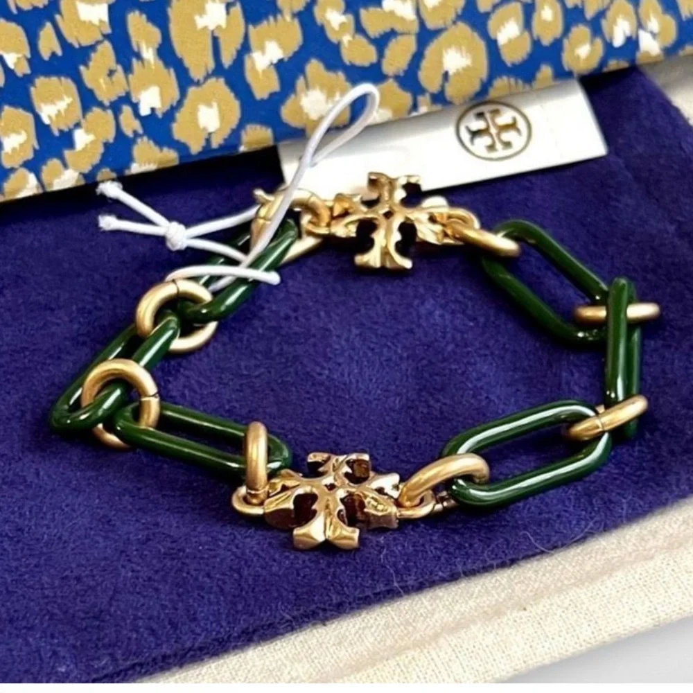 NWT Tory Burch Roxanne Chain Bracelet in Equestrian Green / Gold $228